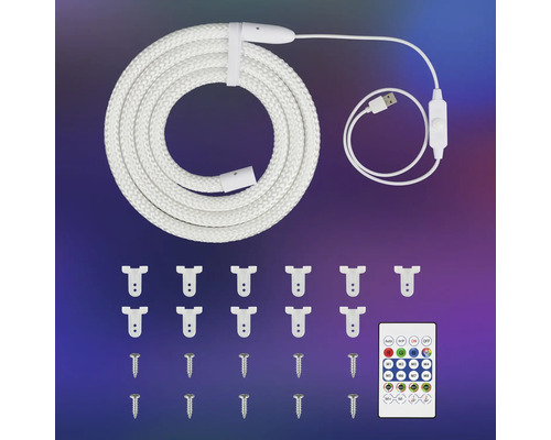 Kit de cordon lumineux LED avec connecteur USB, télécommande, clips de fixation et vis.