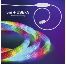Fünf Meter langer LED-Streifen mit USB-A-Anschluss, ein komma fümf Meter Zuleitung, inklusive Schalter und bunter Beleuchtung.