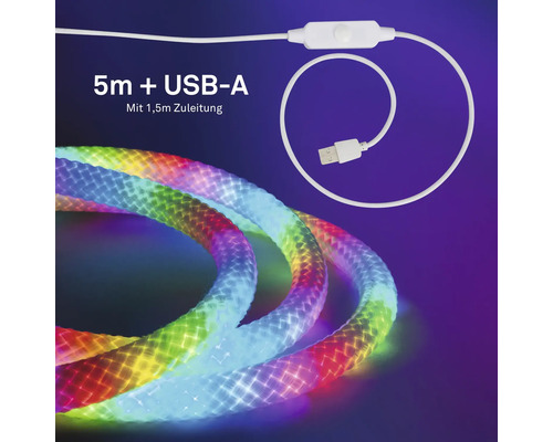 Fünf Meter langer LED-Streifen mit USB-A-Anschluss, ein komma fümf Meter Zuleitung, inklusive Schalter und bunter Beleuchtung.