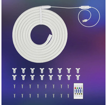 Kit de cordon lumineux LED avec corde blanche, câble USB, télécommande, clips de fixation et vis.
