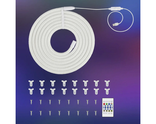 Kit de cordon lumineux LED avec corde blanche, câble USB, télécommande, clips de fixation et vis.
