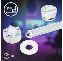 LED-Lichtsystem-Komponenten mit weißer Lichtleiste, runder Verbindungseinheit, selbstklebender Halterung und USB-Anschluss.