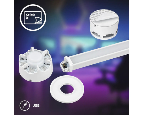 LED-Lichtsystem-Komponenten mit weißer Lichtleiste, runder Verbindungseinheit, selbstklebender Halterung und USB-Anschluss.