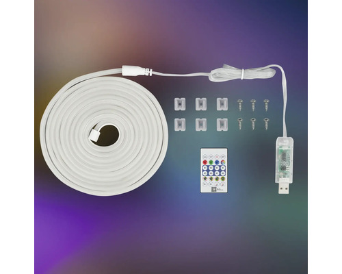 Kit de ruban LED néon avec port USB, télécommande et accessoires de montage incluant clips et vis.