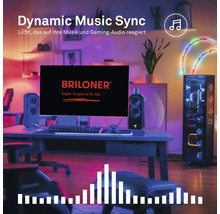 Gaming-Setup mit Monitor, Lautsprechern und LED-Beleuchtung, die auf Musik und Gaming-Audio reagiert. Briloner Logo.