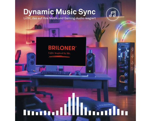 Gaming-Setup mit Monitor, Lautsprechern und LED-Beleuchtung, die auf Musik und Gaming-Audio reagiert. Briloner Logo.