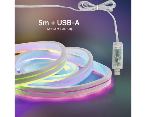 Flexibler LED Neon Streifen 5 Meter lang mit USB A Anschluss und 1,5 Meter Zuleitung