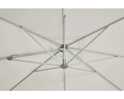 Vue du dessous d'un parasol ouvert avec revêtement clair et baleines