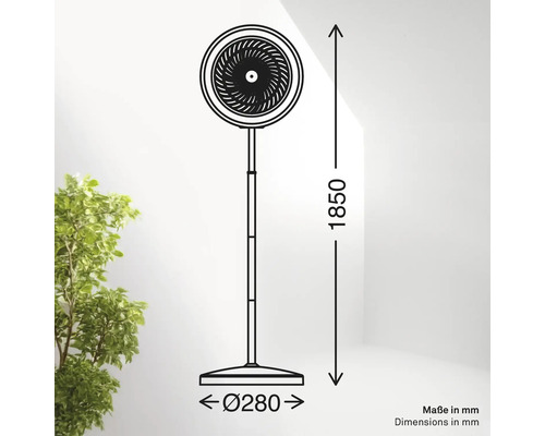 Technische Zeichnung eines Standventilators mit den Maßen 1850 mm Höhe und 280 mm Durchmesser des Sockels.