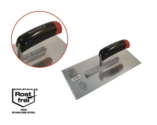 Truelle dentée Maurerlob en acier inoxydable avec poignée en plastique