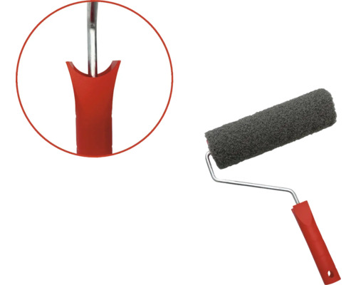 Farbwalze mit grauem Bezug und rotem Griff