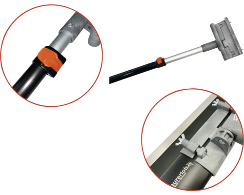 Detailansicht einer Glättkelle mit Teleskopstiel und Befestigungsmechanismus