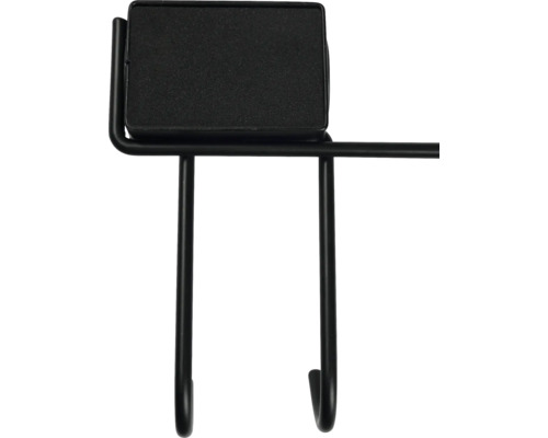 Crochet double noir en métal pour outils avec surface de support rectangulaire rembourrée.