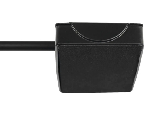 Schwarzes, rechteckiges Bauteil für Beleuchtungssysteme mit seitlich abgehendem Stab.