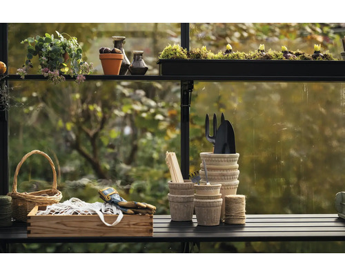 Scène de jardinage avec plantes, outils de jardinage, pots et accessoires sur une table dans la serre.