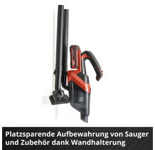 Akkusauger mit Wandhalterung zur platzsparenden Aufbewahrung von Staubsauger und Zubehör
