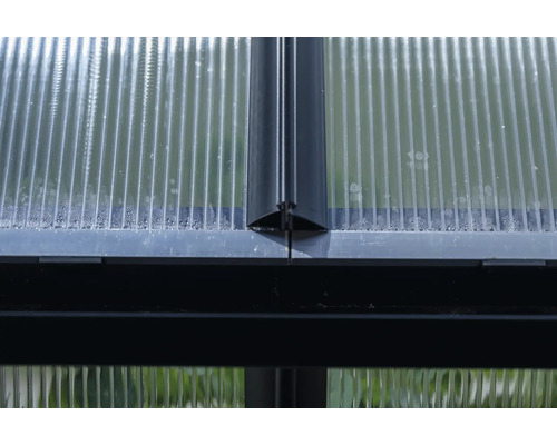 Vue détaillée d'une serre avec des plaques en polycarbonate et un cadre