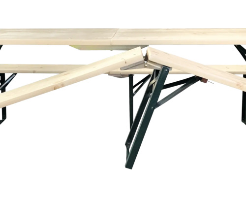 Vue détaillée d'une table de brasserie avec un châssis pliable en bois et métal