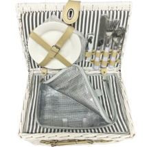 Panier de pique-nique ouvert avec vaisselle et compartiment réfrigérant