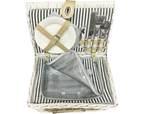 Panier de pique-nique ouvert avec vaisselle et compartiment réfrigérant