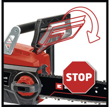 Einhell Kettensäge mit Handschutz zur Aktivierung der Kettenbremse für einen sofortigen Kettenstopp.
