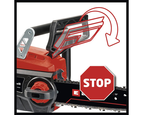 Einhell Kettensäge mit Handschutz zur Aktivierung der Kettenbremse für einen sofortigen Kettenstopp.