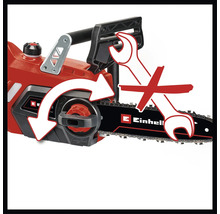 Einhell Kettensäge mit werkzeugloser Kettenspannung und Kettenwechsel durch einen Drehknopf. Symbol eines durchgestrichenen Maulschlüssels.