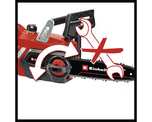 Einhell Kettensäge mit werkzeugloser Kettenspannung und Kettenwechsel durch einen Drehknopf. Symbol eines durchgestrichenen Maulschlüssels.