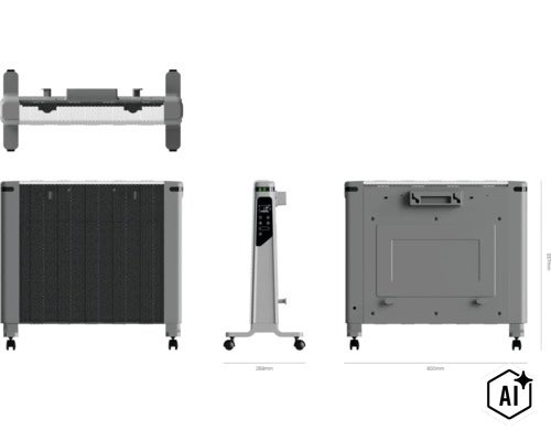Elektrischer Konvektorheizkörper mit digitaler Steuerung, Standfüßen und Rollen, Abmessungen 600 Millimeter mal 557 Millimeter mal 269 Millimeter. (Image AI modified or generated)