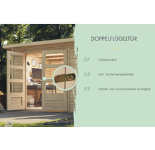 Doppelflügeltür eines unbehandelten Gartenhauses mit Sicherheitsüberfalle und Fenstern aus bruchsicherem Kunstglas