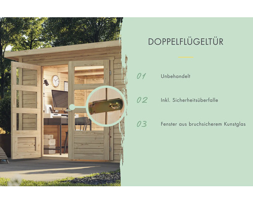 Doppelflügeltür eines unbehandelten Gartenhauses mit Sicherheitsüberfalle und Fenstern aus bruchsicherem Kunstglas