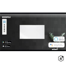 Panneau chauffant infrarouge rectangulaire avec panneau de contrôle, application, compatibilité Google Assistant et Amazon Alexa sur un mur carrelé. (Image AI modified or generated)