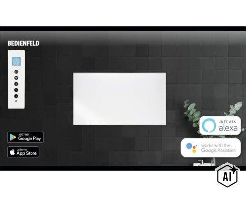 Panneau chauffant infrarouge rectangulaire avec panneau de contrôle, application, compatibilité Google Assistant et Amazon Alexa sur un mur carrelé. (Image AI modified or generated)