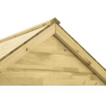 Detailansicht des Giebels eines Gartenhauses aus Holz