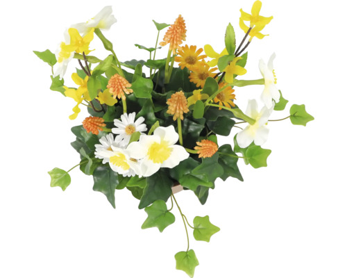 Dekorative Kunstblumen in einem Topf mit weißen, gelben und orangenen Blüten