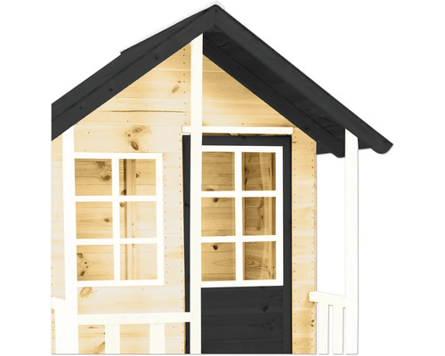 Detailansicht eines Spielhauses mit Fenster und Tür aus Holz