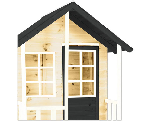 Detailansicht eines Spielhauses mit Fenster und Tür