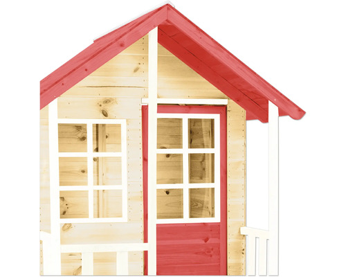 Detailansicht eines Holzspielhauses mit Fenster und Tür
