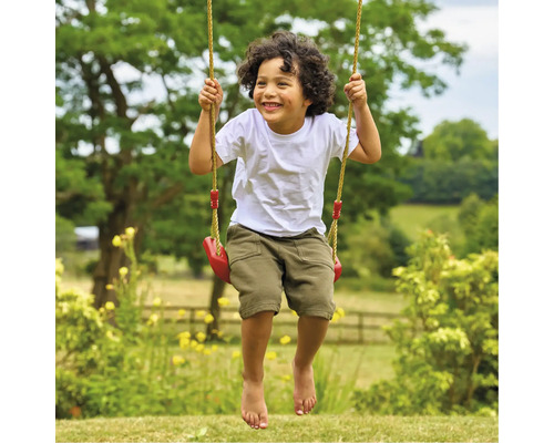 Junge schwingt auf einer Gartenschaukel mit Seilen und Sitz
