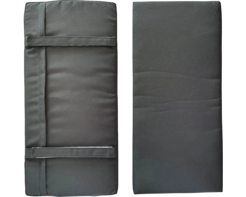 Coussin rectangulaire anthracite pour chaise de jardin avec sangles de fixation réglables à l'arrière.