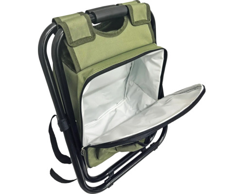 Grüner Klapphocker mit integrierter Kühltasche und Rucksackgurten, geöffnetes Kühlfach mit Isolierung, schwarzes Metallgestell.