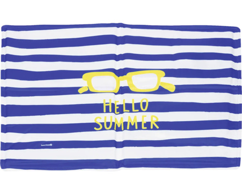 Serviette de plage avec rayures, lunettes de soleil et l'inscription Bonjour l'été