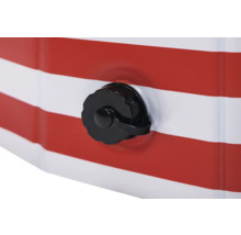 Gros plan d'un article gonflable rayé rouge et blanc avec une valve noire