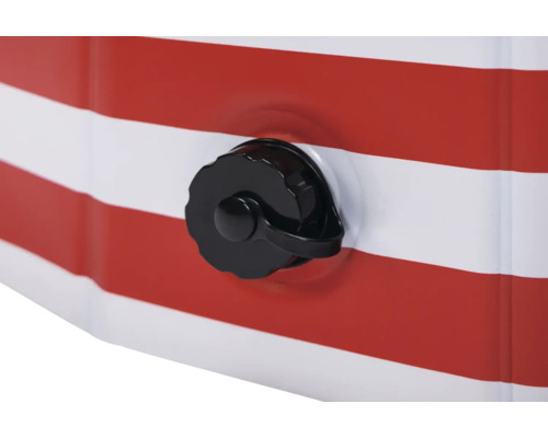 Gros plan d'un article gonflable rayé rouge et blanc avec une valve noire