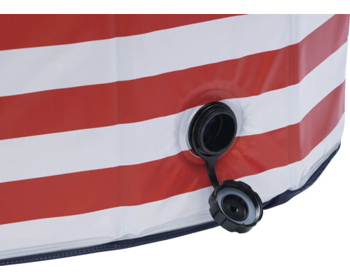 Vue détaillée d'une piscine avec des rayures rouges et blanches et une vanne de vidange.