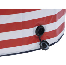 Vue détaillée d'une piscine gonflable avec un motif à rayures rouges et blanches et un bouchon de fermeture noir