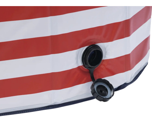 Vue détaillée d'une piscine gonflable avec un motif à rayures rouges et blanches et un bouchon de fermeture noir