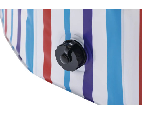 Vue détaillée d'une piscine gonflable avec des rayures de couleur et une valve