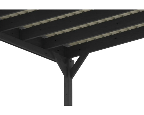 Détail d'une toiture de terrasse en bois foncé avec poteau, contre-fiches, poutres et plaques ondulées claires.