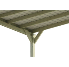 Detailansicht einer Holz-Carport-Konstruktion mit Pfosten, Kopfbändern, Balken und Trapezblechdach.
